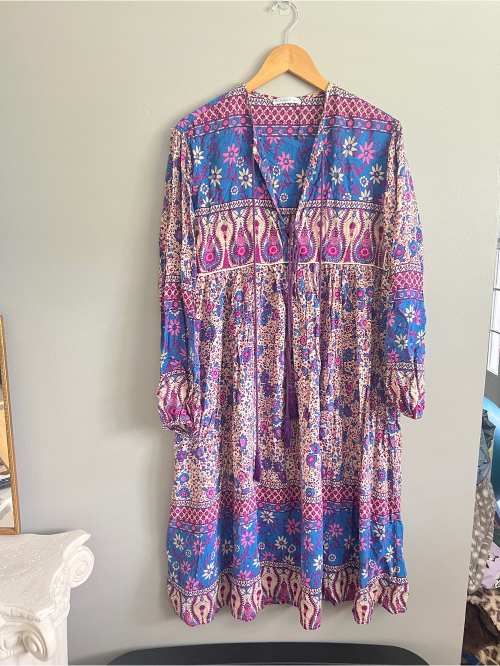Boho Floral Tiered Maxi Dress in Blue and Pink